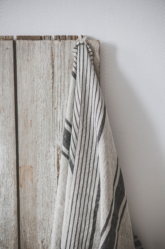 Towel Linen Like Slub Texture Black Vertical Stripes Hanging Loop