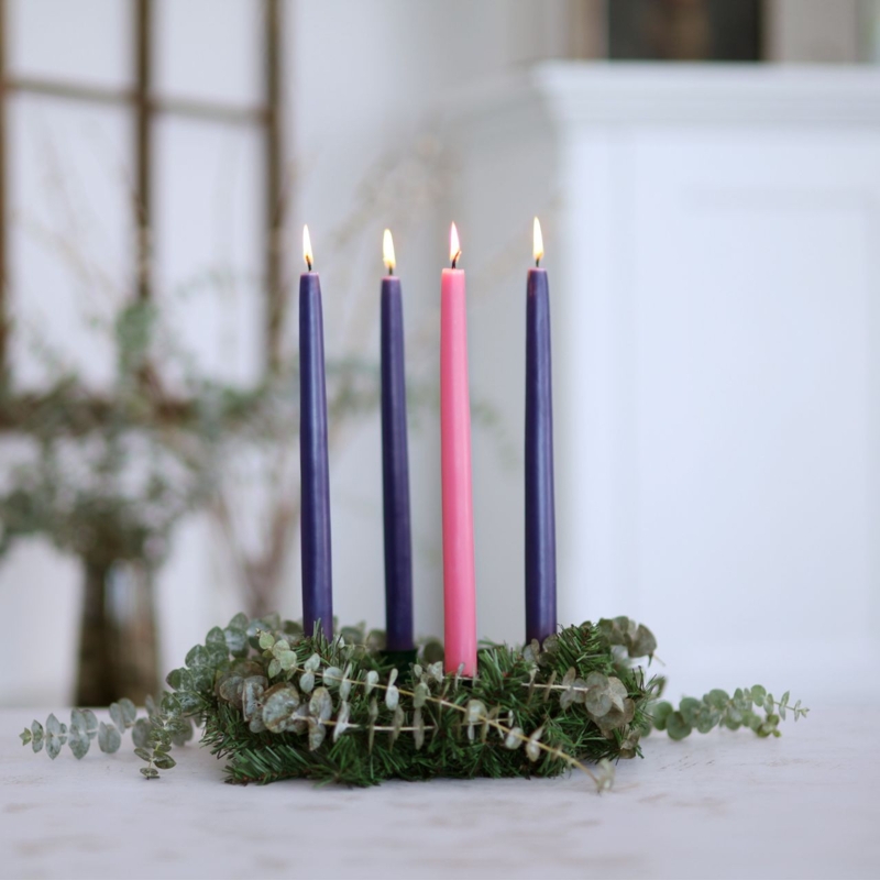 Traditional Advent Taper Candle Set in a Eucalyptus Wreath Base