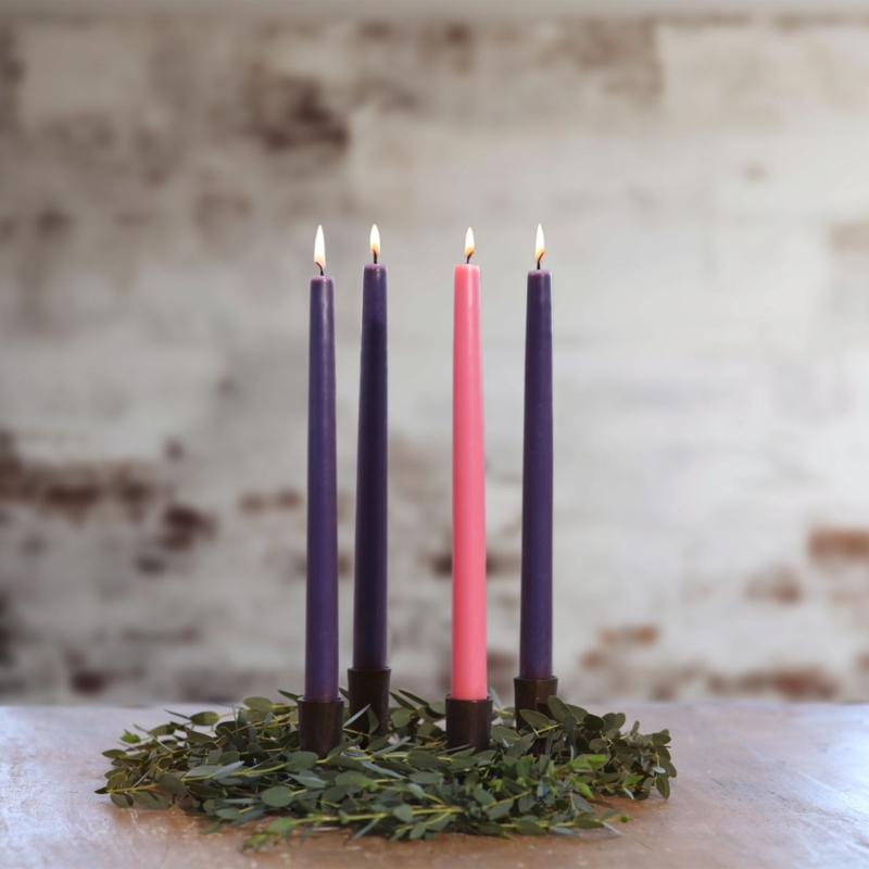 Traditional Advent Taper Candles in Purple and Pink with Greenery Base