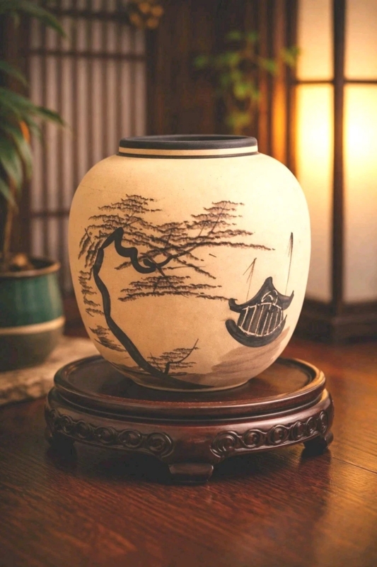 Traditional Asian Ceramic Table Vase with Hand-Painted Landscape Motif