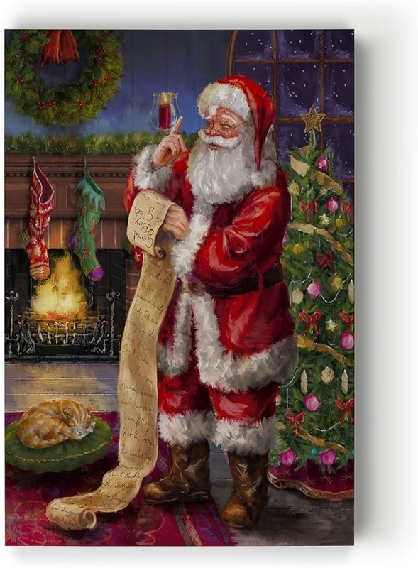 Traditional Wall Art, Santa Claus List Scene, Cozy Fireplace Scene