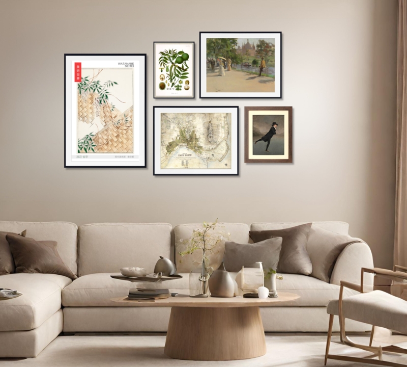 Transitional Gallery Wall Set of 5, Mixed Frames for Living Room