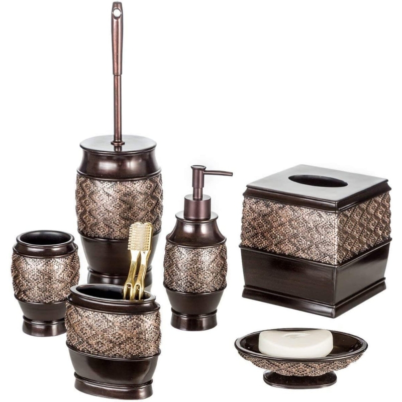 Transitional Glam Bathroom Accessory Set, Quilted Texture