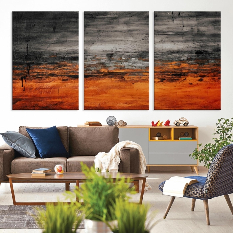 Triptych Canvas: Burnt Orange And Charcoal Abstract, Industrial Decor