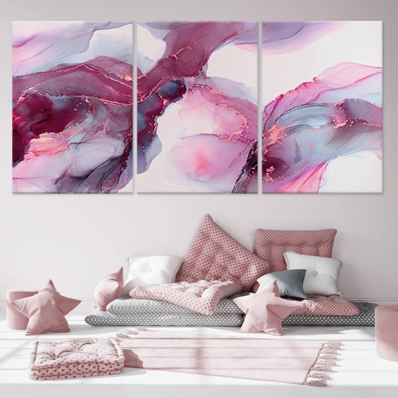 Triptych Canvas Wall Art Fluid Ink Gold Metallic Veining