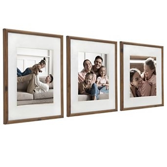 Triptych Gallery Wall Display, Wood Frame Set with Wide White Matting