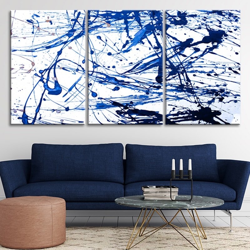 Triptych Wall Art Abstract Splatter Painting For Sofa Navy Blue