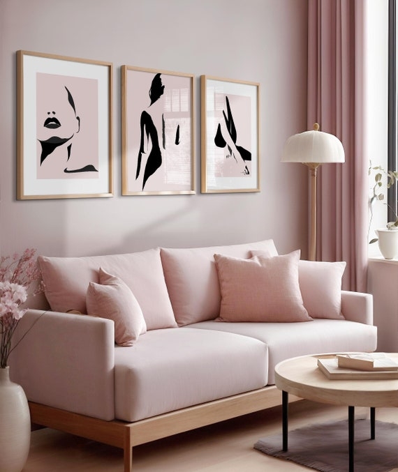 Triptych Wall Art Abstract Woman Silhouette Minimalist Blush Prints