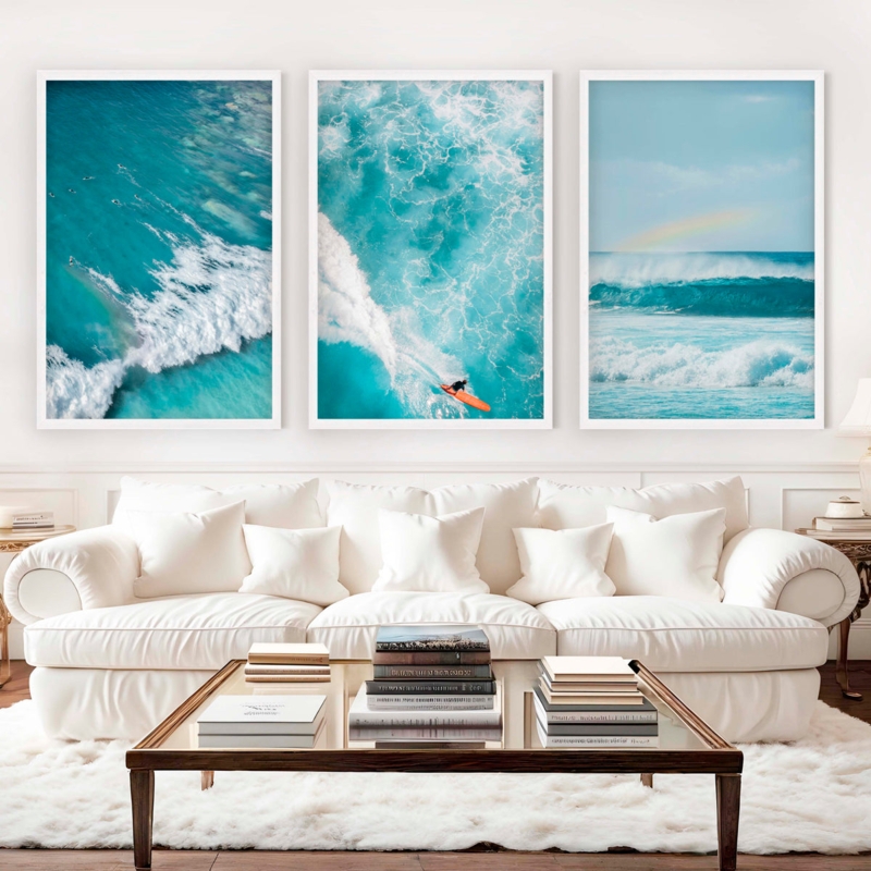 Triptych Wall Art Aerial Ocean Trio White Furniture Glass Top Table