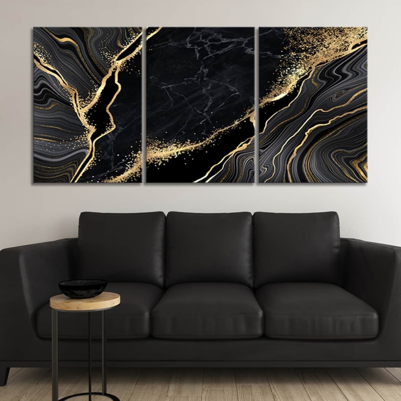 Triptych Wall Art Black Marble Abstract Gold Veining Prints