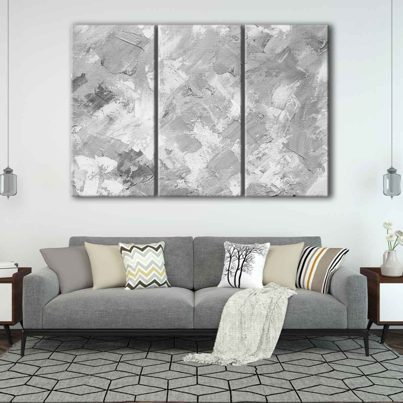 Triptych Wall Art Canvas Set Grey Brushstroke Texture Modern