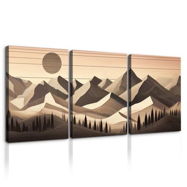 Triptych Wall Art Faux Wood Grain Geometric Landscape Boho Decor