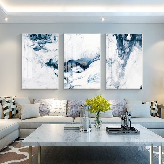 Triptych Wall Art Fluid Blue Abstract Prints Silver Frames