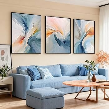 Triptych Wall Art Fluid Motion Abstract Blue Orange Contemporary Set