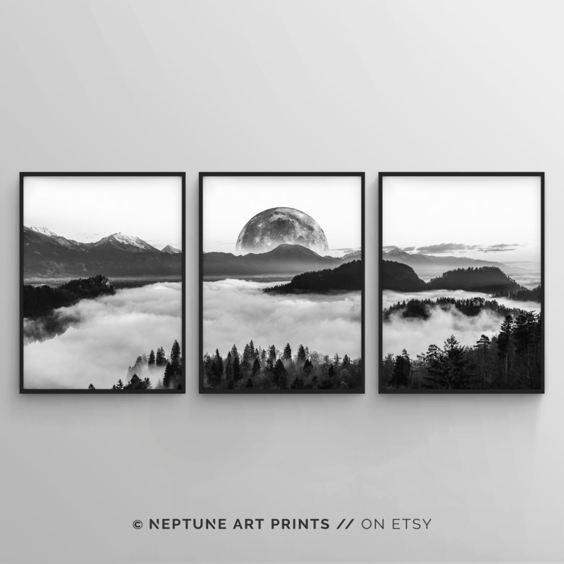 Triptych Wall Art: Full Moon Foggy Forest Scene