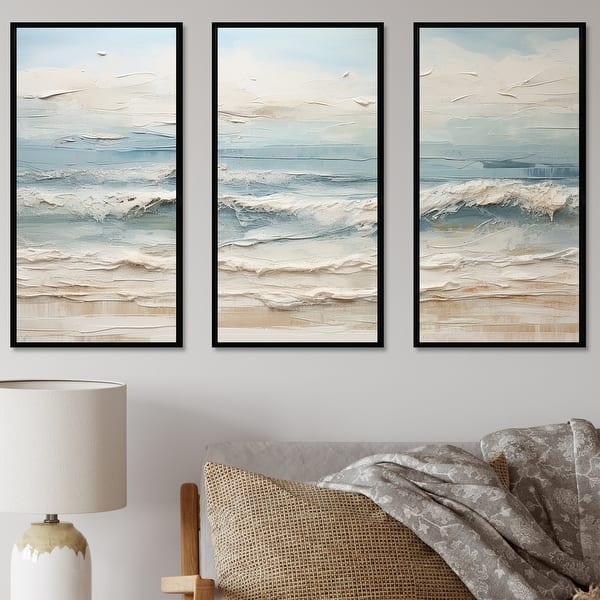 Triptych Wall Art Heavy Impasto Texture Abstract Waves Black Frames