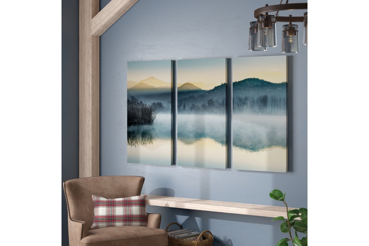 Triptych Wall Art Misty Mountain Landscape Print | Rustic Lodge Decor