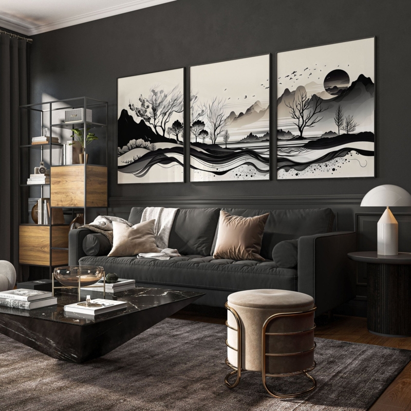 Triptych Wall Art, Monochrome Landscape Prints, Modern Noir Style
