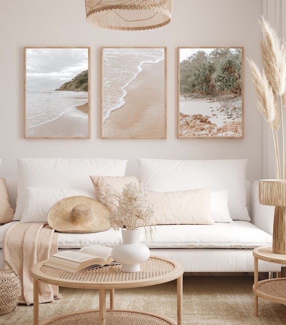 Triptych Wall Art Natural Rattan Accents Wood Frames Boho Coastal