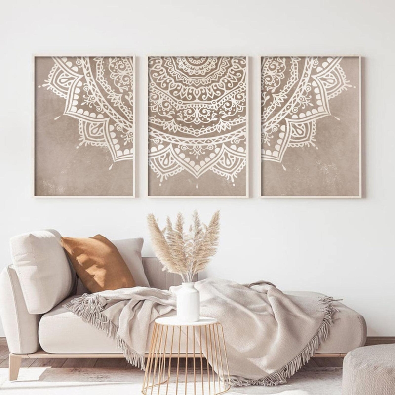 Triptych Wall Art Neutral Boho Mandala Prints Set