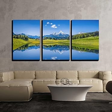Triptych Wall Art: Panoramic Alpine Mountain Lake Scene in Blue Tones.