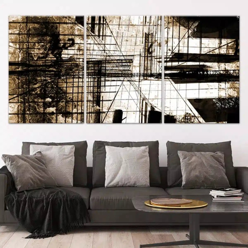 Triptych Wall Art: Sepia Tone Industrial Architecture, Urban Loft Decor