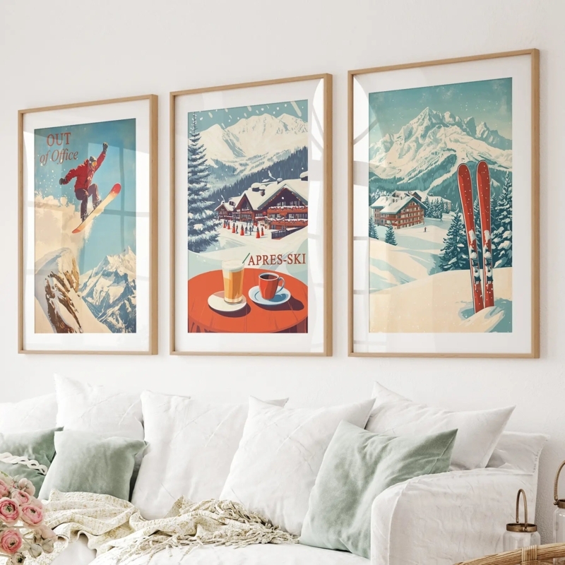 Triptych Wall Art Set: 3 Framed Retro Ski Lodge Prints, Natural Wood