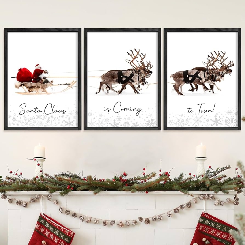 Triptych Wall Art Set: Black Framed Narrative Santa Reindeer Prints
