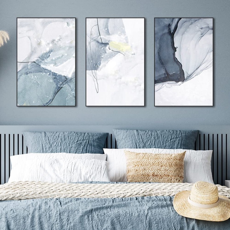 Triptych Wall Art Set Fluid Marble Motif Muted Blue Grey Minimalist