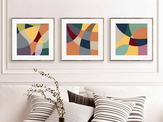 Triptych Wall Art Set Geometric Curves Earthy Tones Mid Century Modern