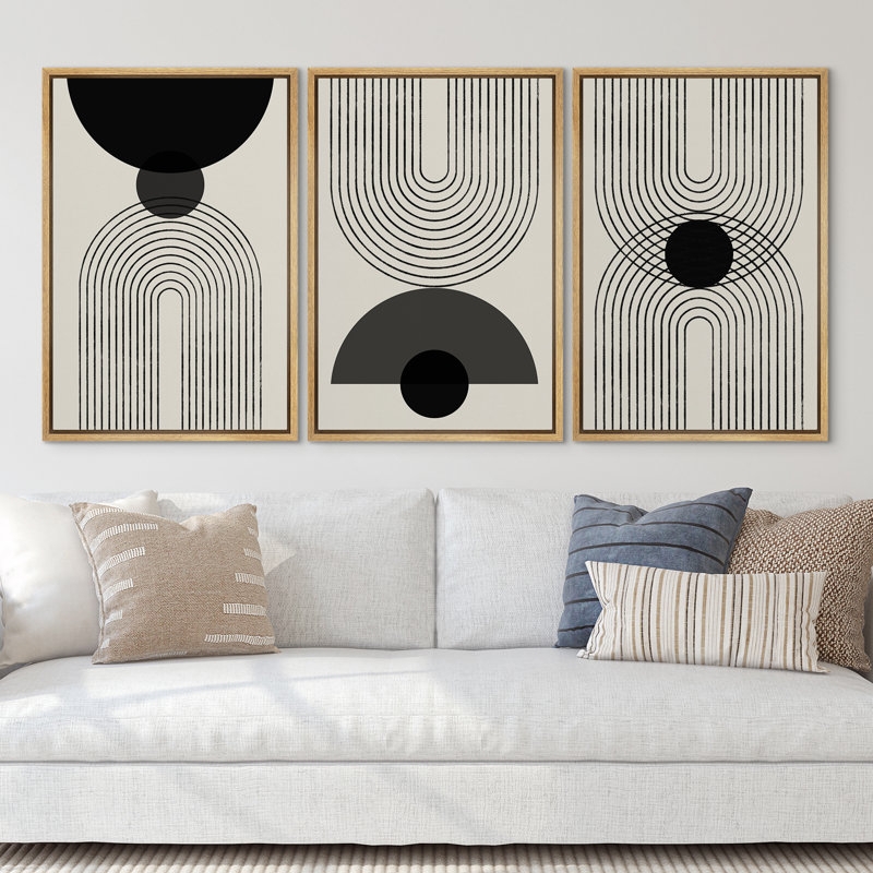 Triptych Wall Art Set Geometric Line Art Black Cream Frames