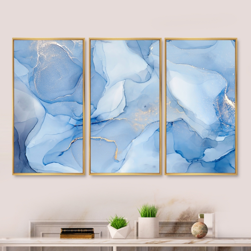 Triptych Wall Art Set Liquid Ink Style Metallic Veining Framed
