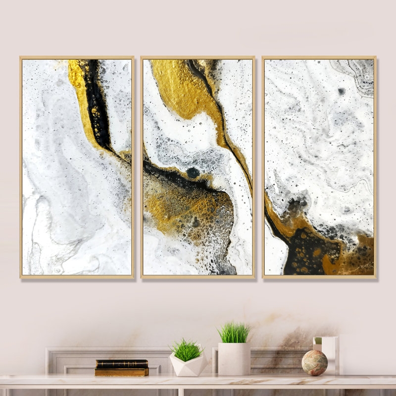 Triptych Wall Art Set Metallic Gold Accents Fluid Marble