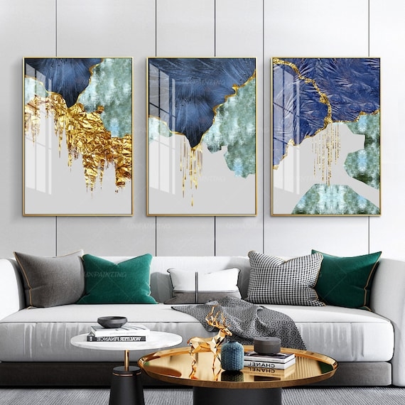 Triptych Wall Art Set: Modern Glam Navy with Gold Foil Texture