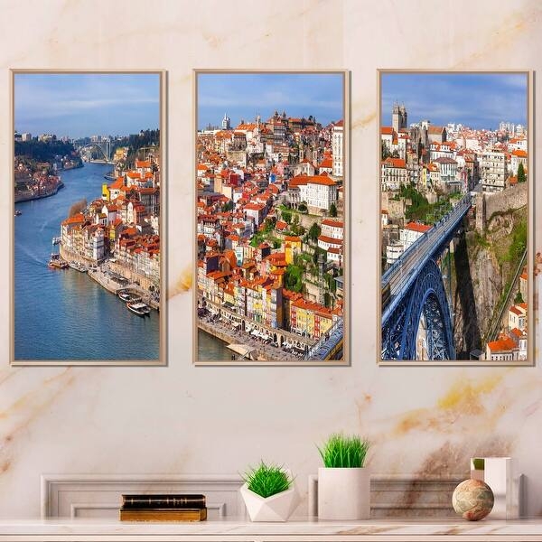 Triptych Wall Art Set: Porto Cityscape with Gold-Toned Frames.