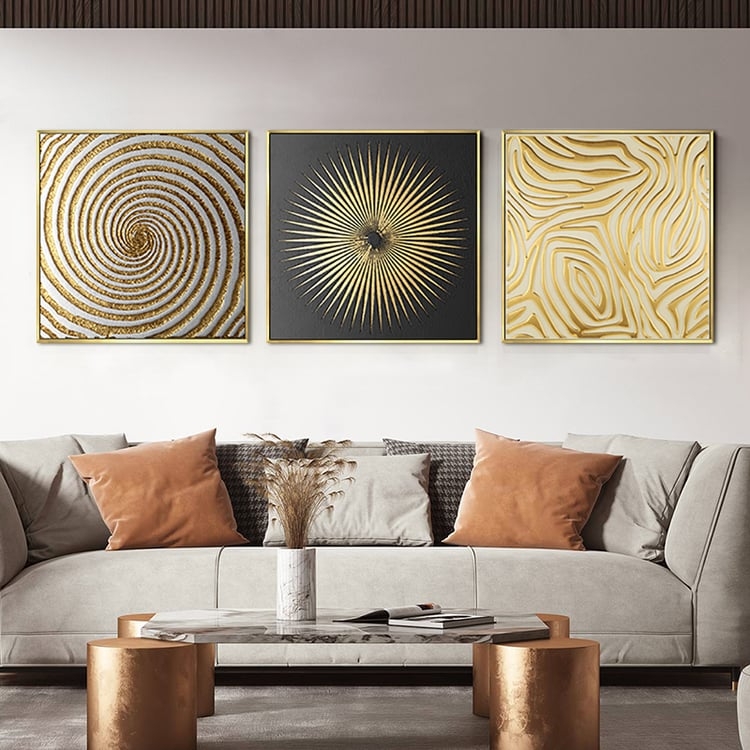 Triptych Wall Art Set Textured Gold Spiral Sunburst Contemporary Glam