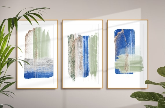 Triptych Wall Art Set with Metallic Foil, Sage and Blue Abstract Prints