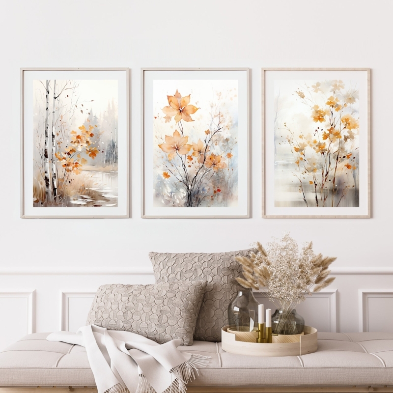 Triptych Wall Art Set with Watercolor Autumn Prints and Cottagecore Style