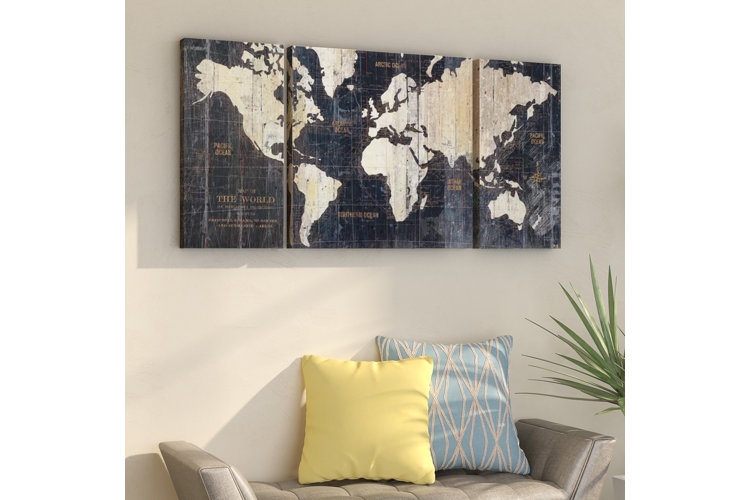 Triptych Wall Art Vintage World Map Distressed | Industrial Decor