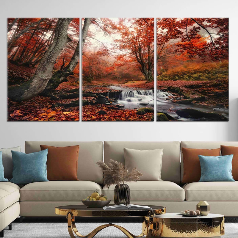 Triptych Wall Art with Autumn Forest Landscape and Three Panel Design