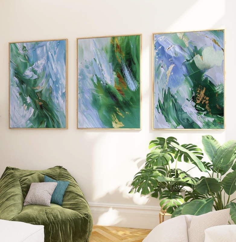 Triptych Wall Art with Gold Leaf Accents and Painterly Texture