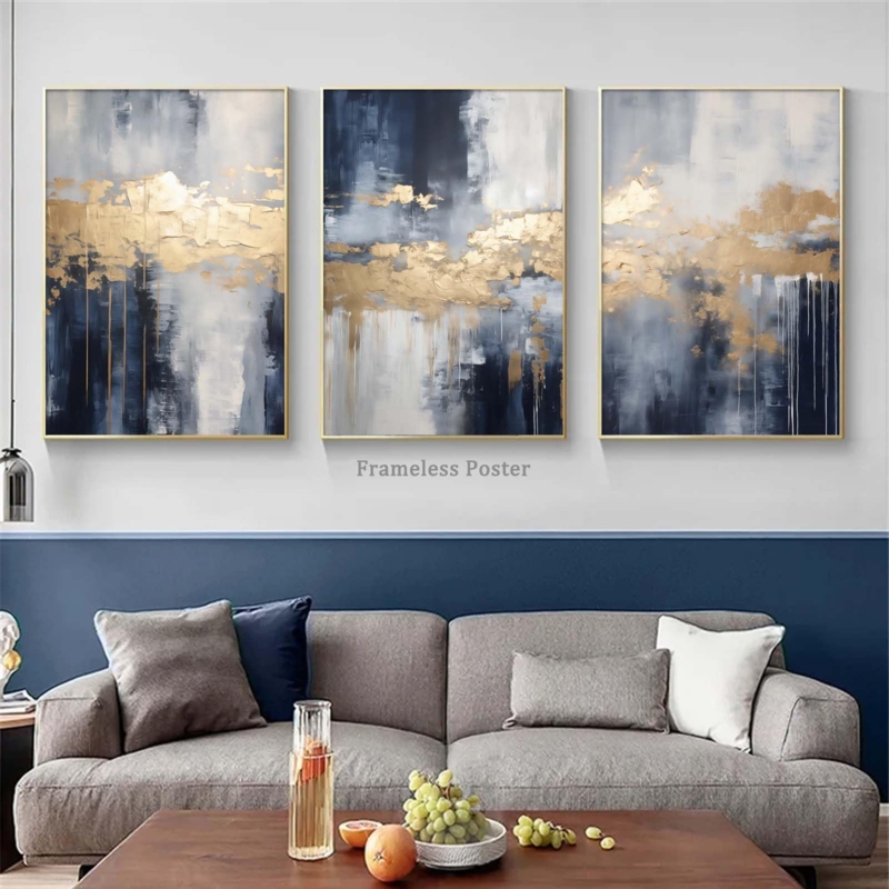 Triptych Wall Art with Metallic Foil Look in Slim Gold Frames