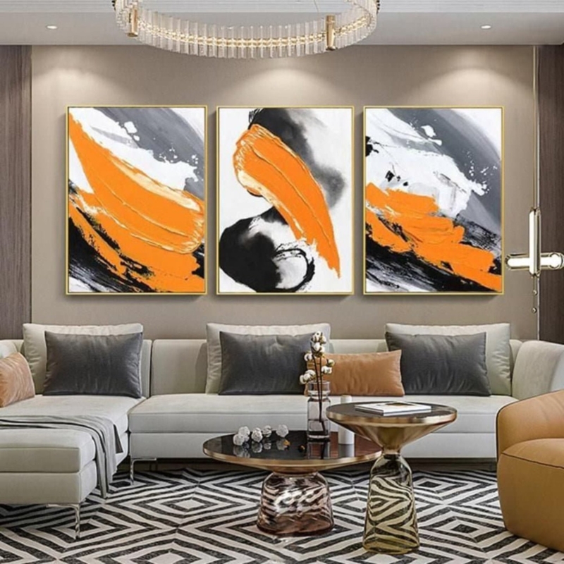 Triptych Wall Art with Textured Impasto Art and High Contrast Rug