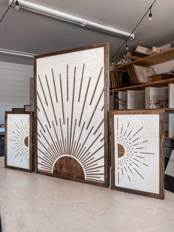 Triptych Wood Wall Art, Boho Sunburst Design with Contrasting Inlays
