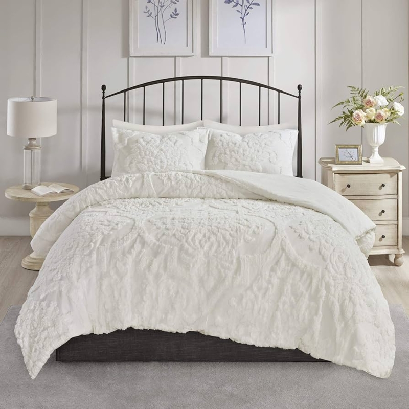 Tufted Chenille Comforter Set, Off-White Damask Medallion Pattern