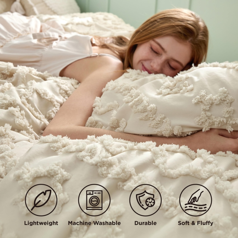 Tufted Comforter Set with Geometric Embroidery in Beige, Farmhouse Style