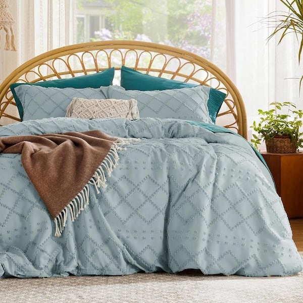 Tufted Duvet Cover Set, Geometric Embroidery Dusty Blue Boho Bedding