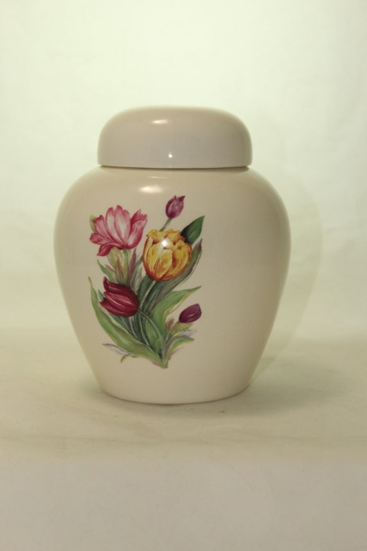 Tulip Motif Memorial Urn Cream Ceramic Hand Painted Ovoid