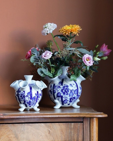 Tulip Vase Multi Spout Blue and White Ceramic Pedestal Feet