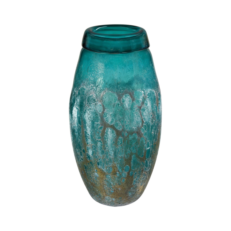 Turquoise Glass Vase Bubble Pattern Metallic Accents Coastal Decor